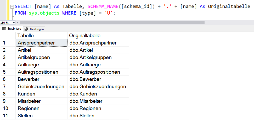 Die Tabellen der Anmeldung WaWiPersonal